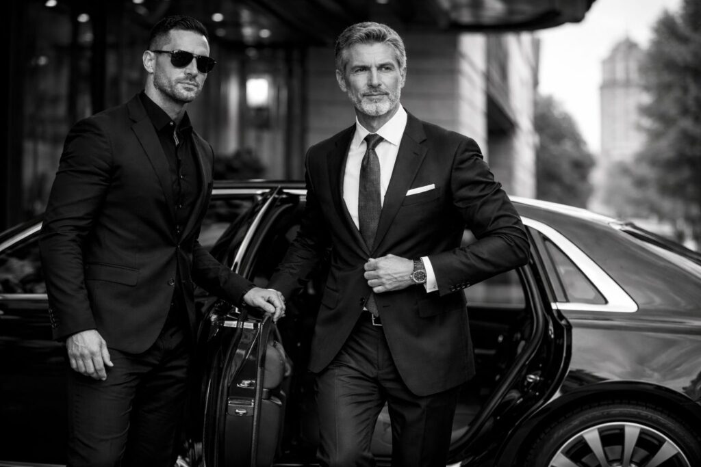 Close executive protection officer with client