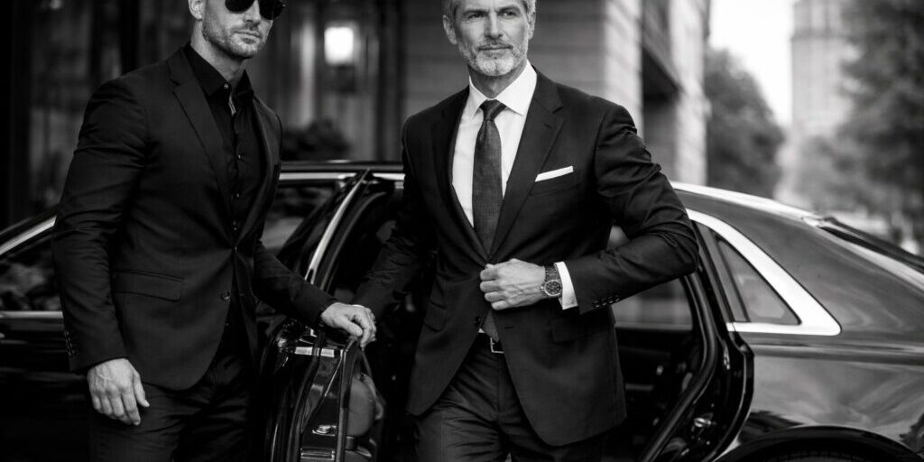 Close executive protection officer with client