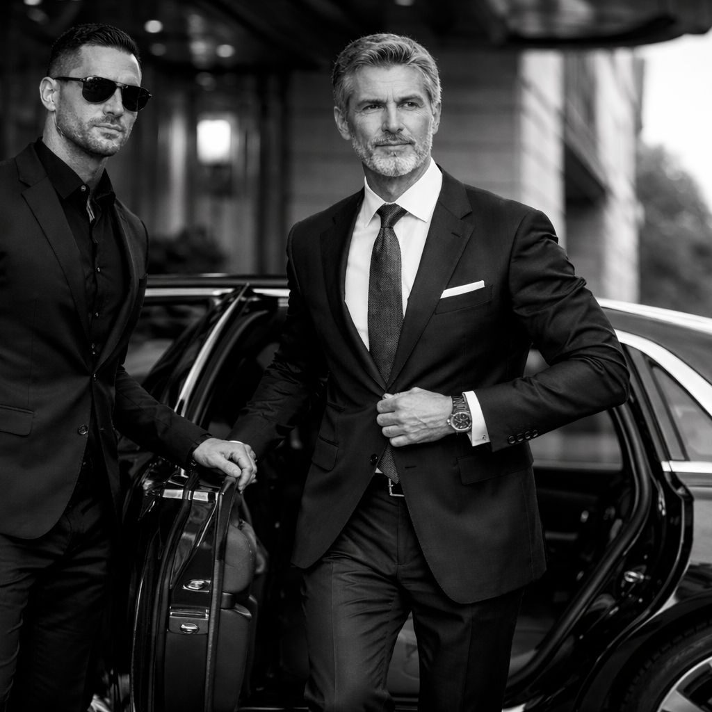 Close executive protection officer with client